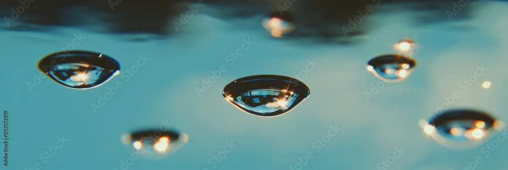 Poster captivating droplets reflect a vibrant cityscape with soft bokeh and gentle tones