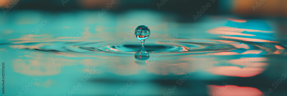 Poster Droplets capturing reflections of a vibrant cityscape with soft bokeh highlights