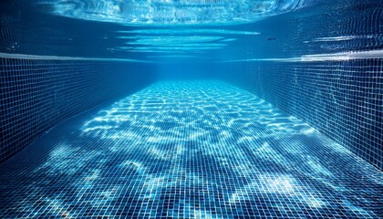 blue water background of crystal clear swimming pool floor and tiles distorted by breaking light