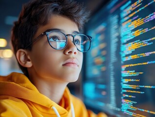 Empowering Future Coders Witness a dedicated Student in glasses concentrating on an online programming course, fully immersed in the digital realm Discover the focus and determination of young minds