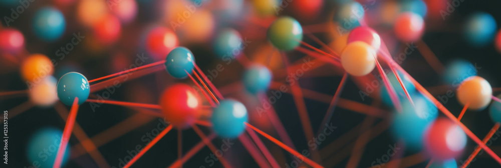 Aufkleber dynamic network of colorful spheres and lines illustrating teamwork and collaboration strategy