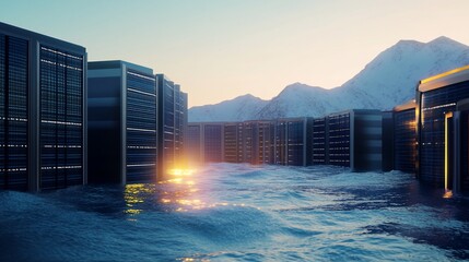Flooded Data Servers in a Mountainous Landscape showcasing the potential impact of global change