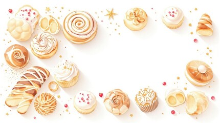 A whimsical watercolor design featuring a mix of pastries like cinnamon rolls, palmiers, and cream puffs on a blank canvas, palmier, gourmet