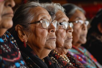 Obraz premium Group of indigenous women wearing traditional clothes and face paint listening to a speaker during a meeting