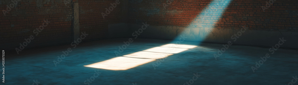 Poster bright light beam illuminating an empty room with rough brick walls and stone floor