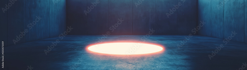 Poster Bright circle of light in empty room with dark textured walls