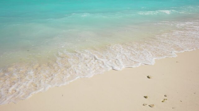 Sea wave on a sandy beach. Aerial view of a tropical beach with ocean waves.