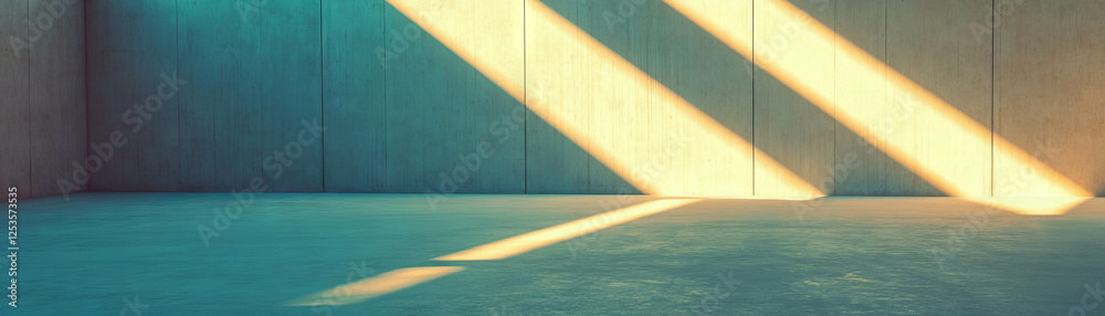 Poster Bright empty room with long rectangular light source and smooth concrete surfaces