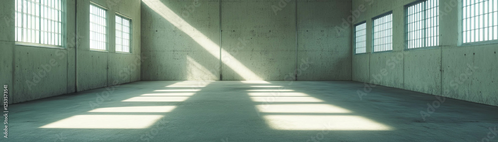Poster Bright empty room with smooth concrete surfaces and long light source