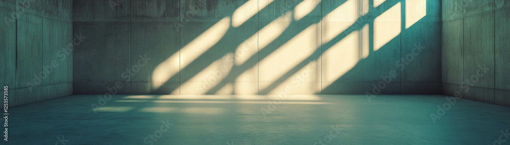 Poster empty room illuminated by overhead light casting dramatic shadows on concrete surfaces