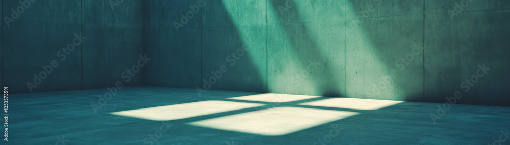 Poster empty room illuminated by overhead light creating dramatic shadows on concrete surfaces