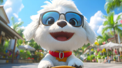 cheerful cartoon dog wearing sunglasses enjoys sunny day in tropical setting, surrounded by palm trees and vibrant flowers