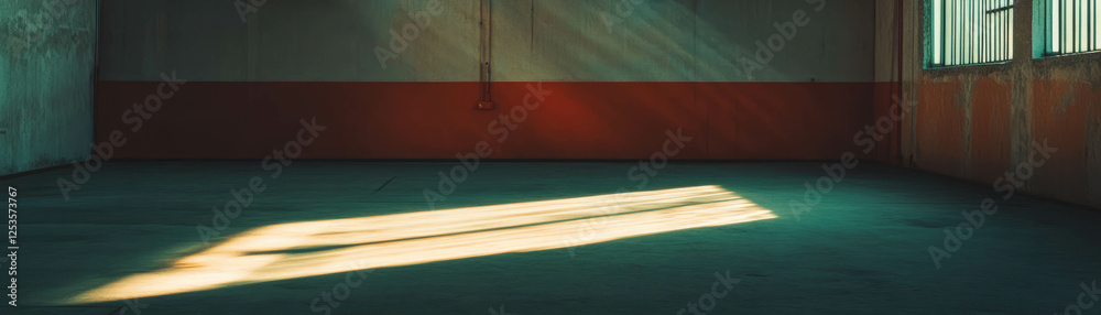 Poster spotlight illuminates an empty room with textured walls and floor casting dramatic shadows