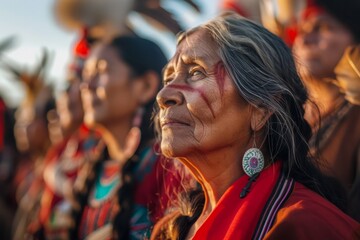 Obraz premium Group of indigenous women wearing traditional clothes and face paint listening to a speaker during a meeting