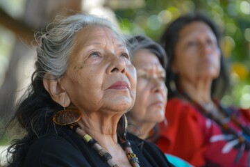 Fototapeta premium Group of indigenous women wearing traditional clothes and face paint listening to a speaker during a meeting