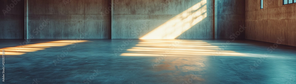 Poster bright empty room featuring textured concrete walls and polished floor with cross lighting