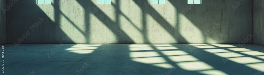 Poster dramatic shadows cast over an empty room with textured concrete walls and floor