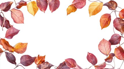 Frame from autumn colored fall leaves in the wind isolated on transparent background, overlay texture with copy space in the middle