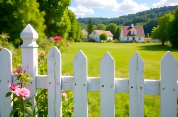Naklejka premium White wooden fence close up, houses in the background