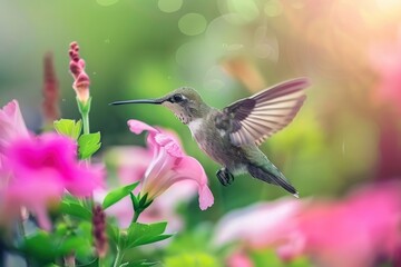 Fototapeta premium bird hummingbird in flight over flowering plants in spring wildlife