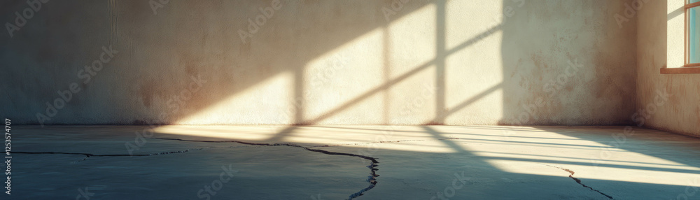 Poster Light streams through cracks in an empty room with textured plaster walls