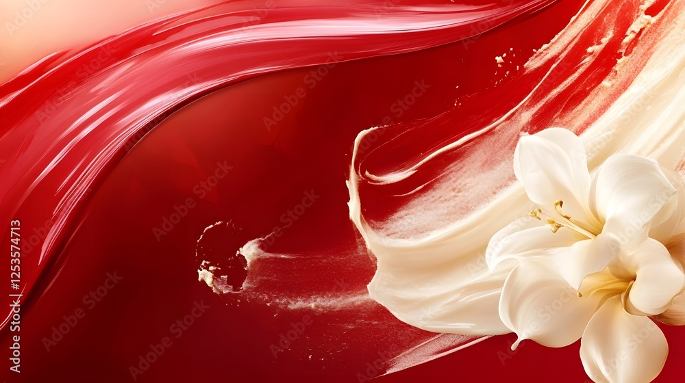 Aufkleber elegant abstract fluid art composition with vibrant red and ivory flowing swirl shapes visually stri