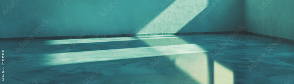 Poster Bright empty room with polished marble floor and light streaming from a high window