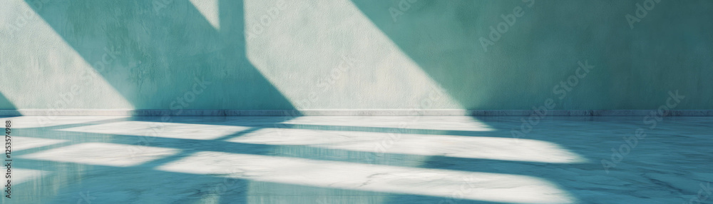 Poster bright empty room with polished marble floor illuminated by sunlight through high window