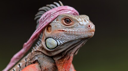 Fototapeta premium Iguana with pink headband, close-up portrait