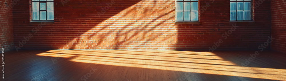Poster bright and empty room with soft lighting and textured brick walls showcasing wooden floors