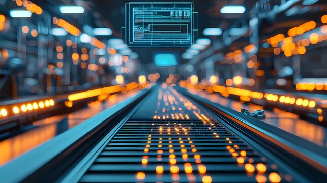 A futuristic industrial scene featuring a conveyor belt illuminated by orange lights, with digital overlays suggesting automation and advanced technology. - Powered by Adobe