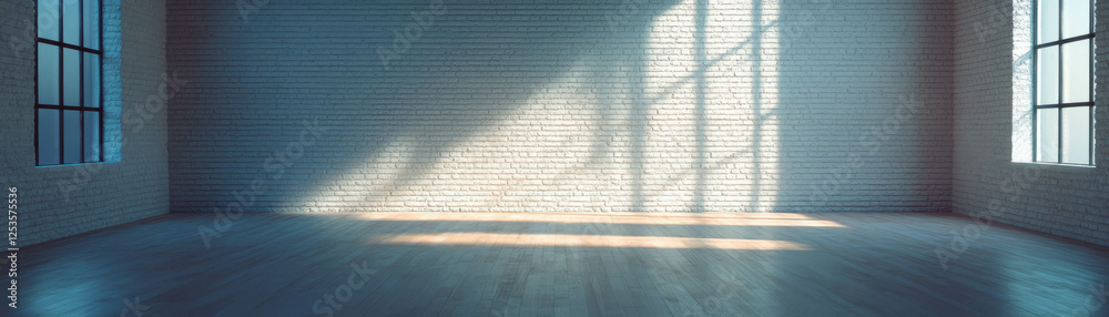 Poster empty room with soft side lighting and white washed brick walls creating a serene atmosphere