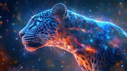 Naklejka premium Leopard with cosmic patterns in vibrant colors