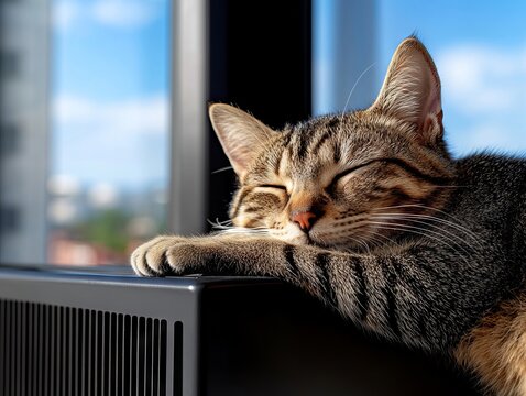 A cat sleeping on top of a computer next to a window