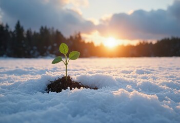 Young green sprout emerging from soil surrounded by snow at sunrise. Nature resilience and new life concept. Spring awakening and seasonal change. Environmental growth and hope symbolism.
