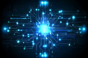 Abstract Microchip Illustration with Glowing Blue Circuits for Technology Concepts