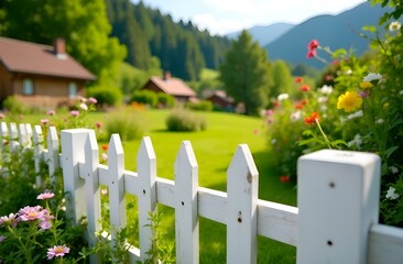 White wooden fence close up, houses in the background.