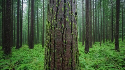 Obraz premium Lush Green Forest with Tall Trees and Mossy Trunks in Foggy Atmosphere