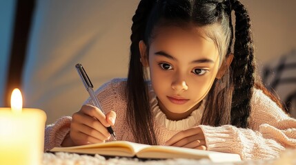 Focused Ethnic student writing notes during an online class in a cozy, warm setting illuminated by candlelight This highlights the student's dedication to learning, even under challenging