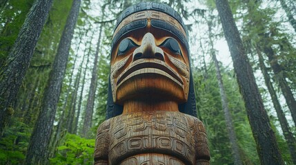 Majestic Wooden Totem Statue Surrounded by Tall Evergreen Trees
