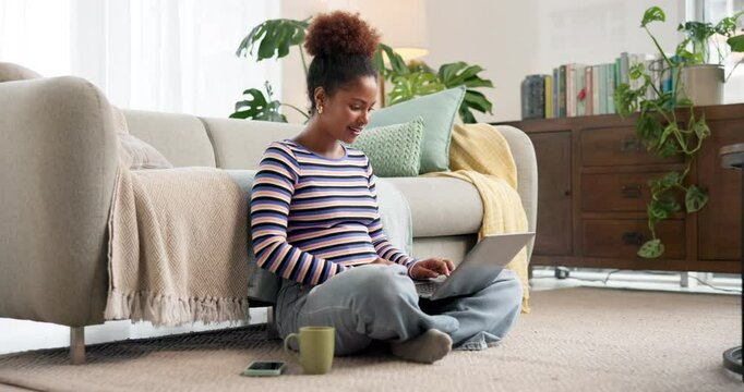Woman, student and smile with laptop for education, university application portal and acceptance. African person, happy and website with good news, college enrollment and scholarship notification