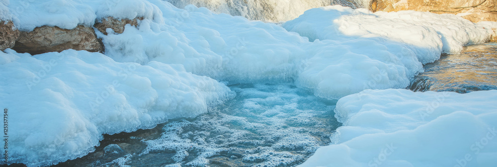 Poster frozen waterfalls create stunning ice sculptures with dynamic shapes against a bright backdrop