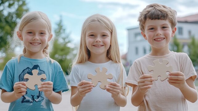 Inspiring Collaboration Children Holding Puzzle Pieces Together Depicting Teamwork and Education Concept Discover high-quality stock images showcasing children engaged in collaborative learning