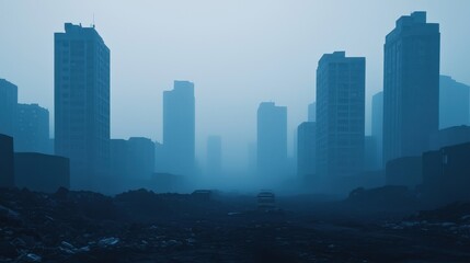 Obraz premium Urban Landscape, Foggy Cityscape with Silhouettes of Tall Buildings