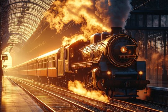 Golden Hour Steam Train Majestic Vintage Locomotive at Sunrise