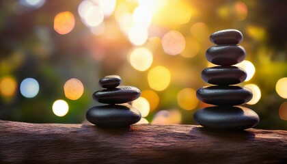 ultimate healing power black glowing healing stones in beautiful nature scene colorful blur background bokeh peaceful and calm