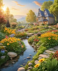 Autumn landscape with a pond and a house