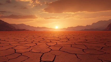Dried Cracked Earth Under Dramatic Sunset Over Mountain Landscape