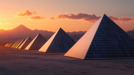Solar Energy Pyramids in Desert Landscape at Sunset