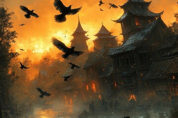 Fiery Sunset Over A Fabled Asian Village